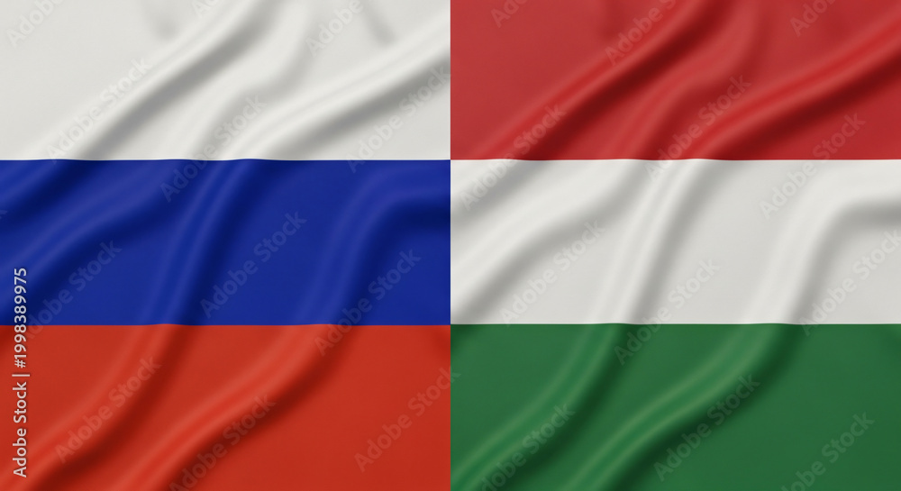 Obraz premium Split Screen Russia And Hungary Flags Fabric Texture Diplomatic Theme JPG