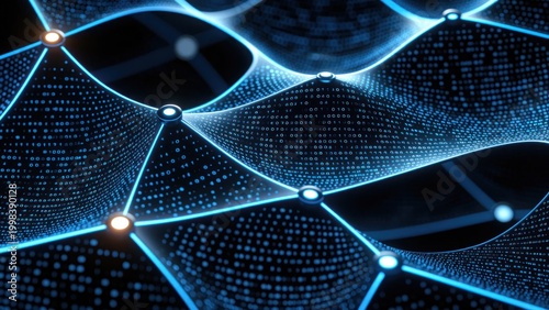 3d render of a complex cyber structure with luminous spheres and shallow depth of field bokeh