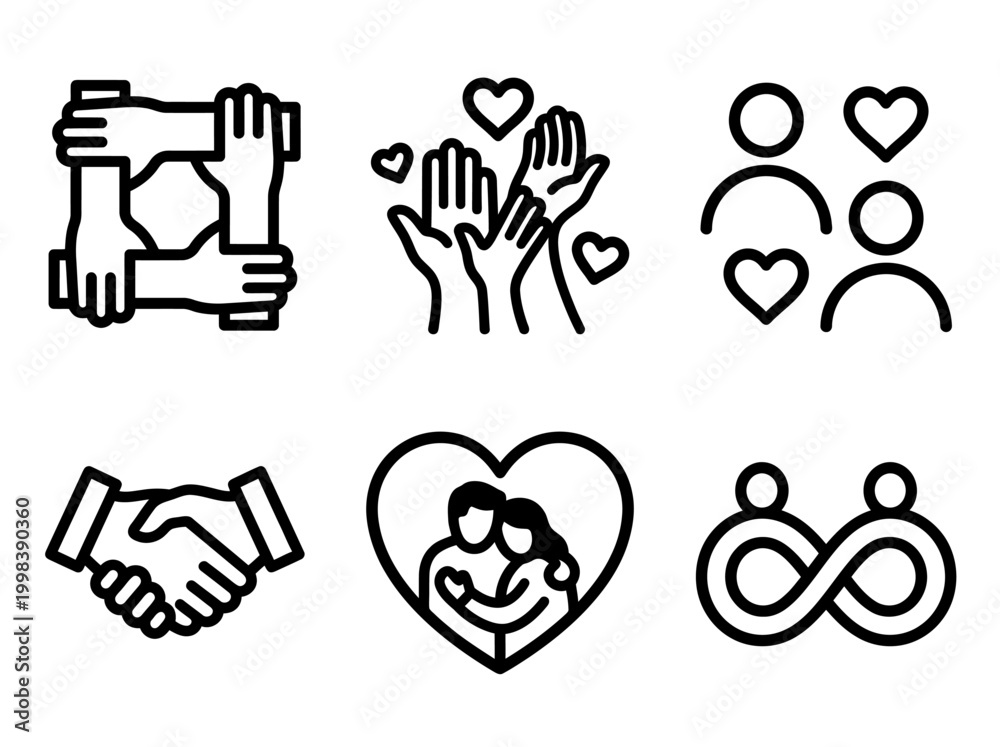 Obraz premium Relationship and Community Support Line Icon Set: Handshake, Teamwork, Love, Partnership, and Charity Symbols for Non-Profit and Social Connection Projects.