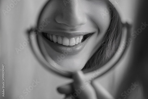 Reflection of a Woman's Perfect White Smile in a Circular Hand Mirror
