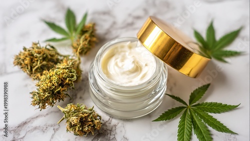 CBD Infused Facial Moisturizer with Cannabis Buds and Leaves on Marble