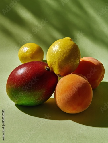 Fresh Mango Lemons and Apricots on Green Surface with Palm Leaf Shadows