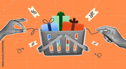 online shopping sale with gift boxes in cart, discount coupons, and halftone collage hand holding ribbon, for promotion holiday sale, and retail marketing