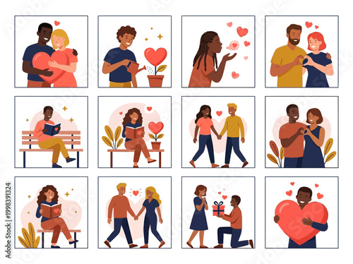 Diverse Couples and People Expressing Love Illustration Set; Romantic Relationships, Valentine's Day, and Self-Love Vector Art Collection