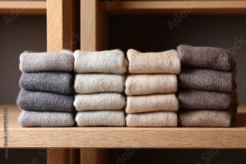 Neatly Stacked Neutral Colored Woolen Socks on a Wooden Shelf
