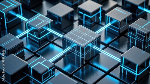 high-tech isometric background featuring interconnected cubic modules and glowing blue light circuits