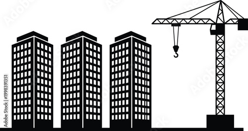 Minimalist Black Silhouette of Three Identical Modern Skyscrapers and a Large Construction Crane Isolated on White Background for Real Estate Development Projects