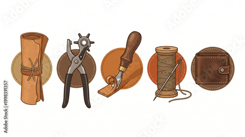 Essential tools and materials for traditional leather crafting, showcasing the creative process of handmade goods from raw material to finished product