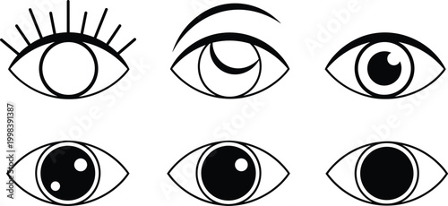 Vector icon set of various human eye shapes and expressions including long lashes and pupils isolated on white background