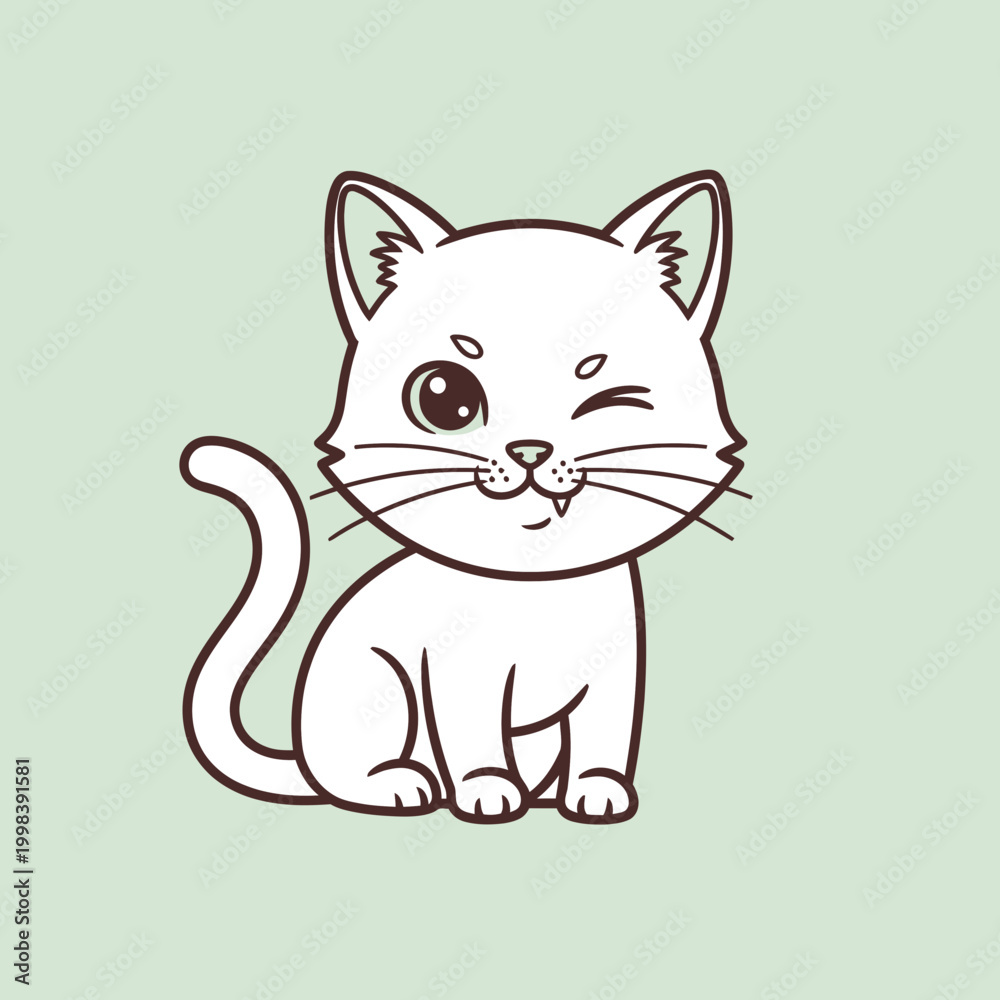 Obraz premium Cute White Cat Winking, Cartoon Style, Adorable Kitten Illustration