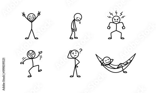 Minimalist stick figure character set depicting various human emotions and moods including happy sad angry surprised confused and relaxed in hammock