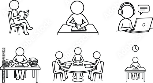 Minimalistic stick figure illustrations showcasing various study methods including reading, writing, online learning, group collaboration, research, and time management for education.