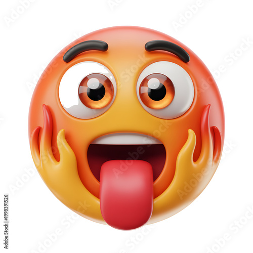Flaming Emoji with Tongue Out and Surprised Expression on White Background