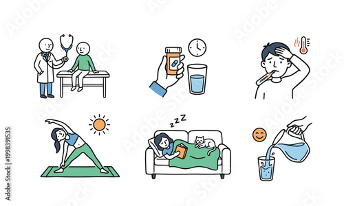 Doctor consulting patient, taking medicine on time, fever symptoms, healthy yoga exercise, resting on sofa, and drinking plenty of water.