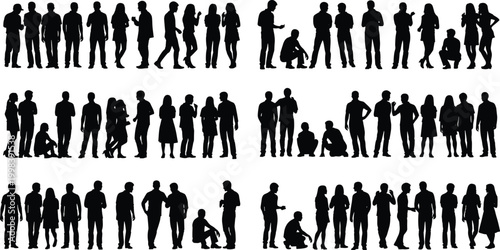 Huge Collection of People Silhouettes Featuring Diverse Groups Standing Walking Talking and Sitting in Various Poses Isolated on White Background for Design