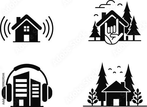 Vector icon set of house and building silhouettes with smart home signals nature landscape elements and headphones for modern living
