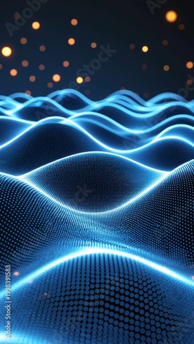 futuristic blue neon landscape of undulating data points and cyber lines