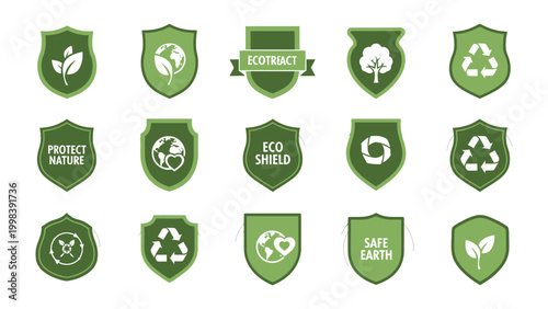 Eco Shield Badges: A collection of green and white eco shield badges representing sustainability, environmental protection, and a commitment to safeguarding the planet.