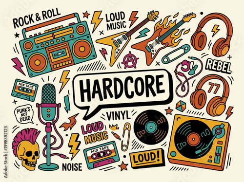 Retro Punk Rock and Hardcore Music Doodle Set - Hand Drawn Alternative Music Illustration with Boombox, Electric Guitar, Vinyl Player, and Mohawk Skull