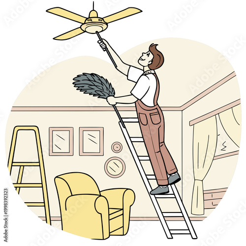 Man Cleaning Ceiling Fan with Feather Duster on Ladder