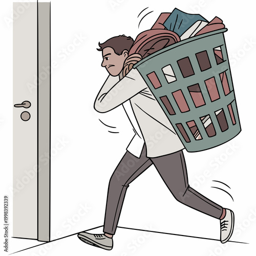Man carrying large laundry basket through doorway
