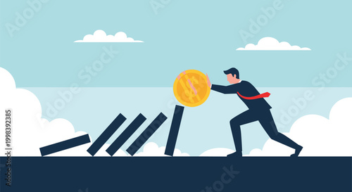 Brave businessman using a large gold coin to stop a falling row of dominoes and prevent a financial disaster.