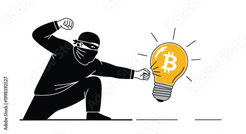 Thief wearing a mask and black clothes punching a giant light bulb that contains a glowing bitcoin symbol.
