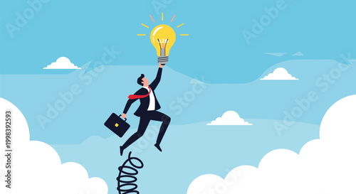 Ambitious businessman using a spring to jump high into the sky while holding a giant glowing light bulb idea.