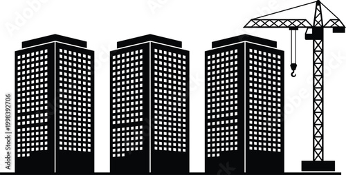 Minimalist Black Silhouette of Three Identical Modern Office Buildings and a Tall Construction Crane Isolated on White Background for Real Estate Development