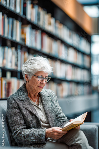 Elegant senior woman with gray hair reading a book in a modern library, wearing stylish glasses and a gray blazer, sitting on a couch with blurred bookshelf background.