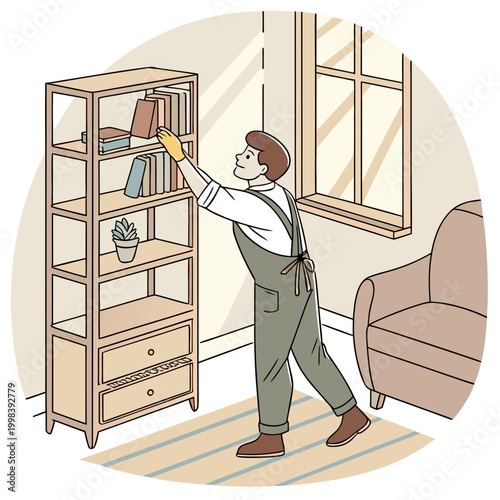 Stay at home dad cleaning dusty shelves with a book