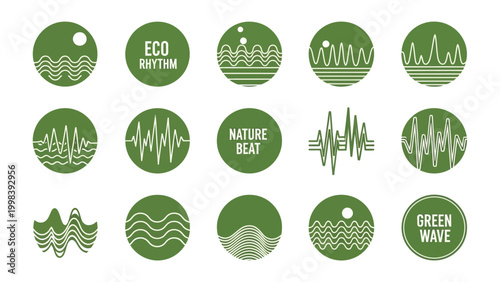 Eco Rhythm Logos: A collection of minimalist logos, each representing a unique interpretation of eco-rhythm and nature beat. A harmonious visual symphony.