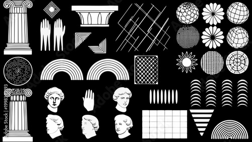 eclectic collection of classical and geometric shapes on black background