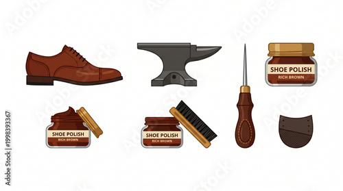 Cobbler's tools and shoe care supplies for leather footwear maintenance and repair