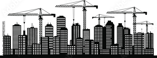 Industrial City Skyline Silhouette Featuring Modern Buildings and Construction Cranes Over High Rise Skyscrapers Isolated on White Background for Real Estate Development