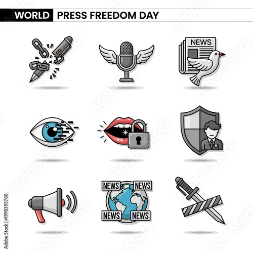 World Press Freedom Day 9 Icon Sticker Pack with Modern Journalism Symbols