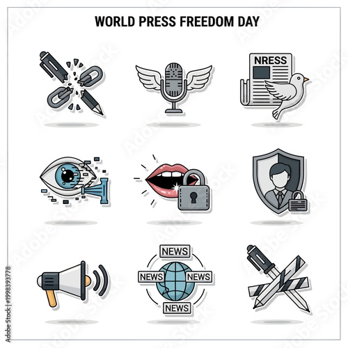 World Press Freedom Day 9 Icon Sticker Pack with Modern Journalism Symbols