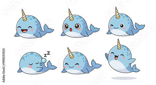 Cute Narwhal Characters Set: Happy, Winking, Sleeping, Excited