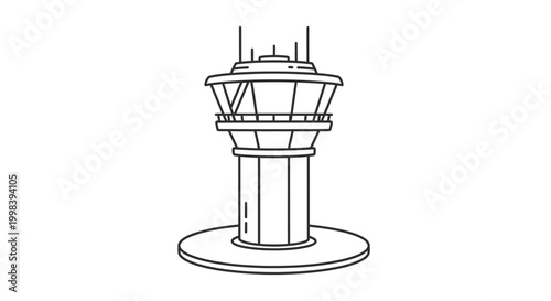 Detailed outline drawing of an air traffic control tower on an isolated white background, symbolizing aviation and guidance.