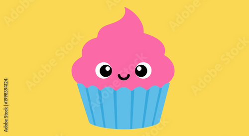 Cute Cartoon Cupcake with Happy Face on Bright Yellow Background