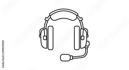 Simple outline drawing of over-ear headphones with an attached microphone on an isolated white background, symbolizing communication and audio.