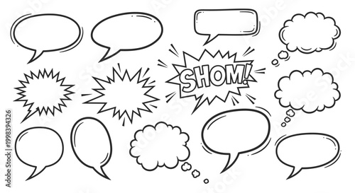 Collection of hand-drawn comic style speech bubbles and sound effect elements, isolated white background.