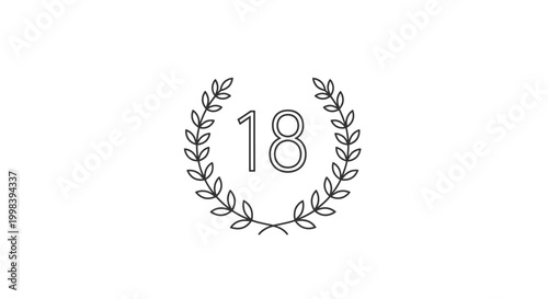 Elegant Outline Design of Number 18 Enclosed by a Laurel Wreath on Isolated White Background