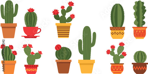 Cactus plants collection in decorative pots with blooming flowers, desert houseplants set, flat cartoon vector illustration isolated on white background
