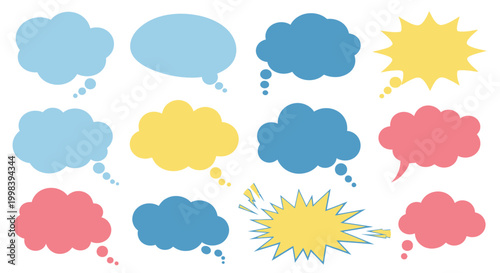 Colorful set of empty comic speech bubbles and thought balloons in various shapes on a light blue background.