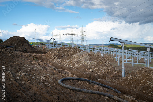 Solar panel station expansion, efficiency renewable sustainable energy construction site, photovoltaic system, infrastructure and technology, clean electricity in Germany