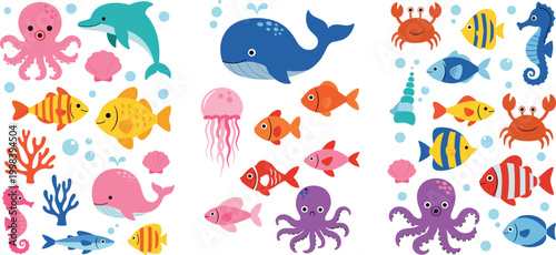 Colorful ocean animals set with fish, whale, dolphin, octopus, crab and jellyfish, cute marine life collection cartoon vector illustration isolated on white