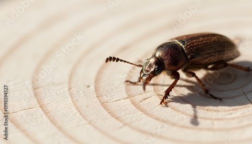 Horizontal color image of beetle bug crawling on a wood stump representing a pest control and infestation management concept for combating summer insects in garden