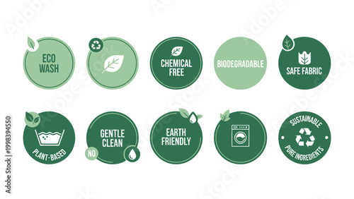 Eco-Friendly Laundry Labels: A collection of green and white circular labels showcasing eco-friendly laundry symbols, emphasizing sustainability and safe practices for eco-conscious consumers.