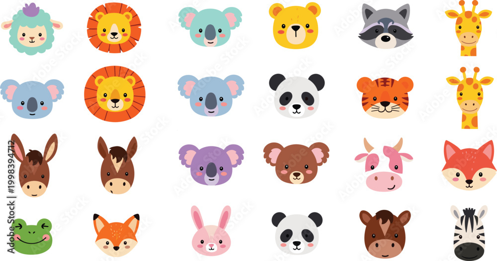 Fototapeta premium Cute animal faces collection with lion, koala, panda, fox, giraffe and zebra, adorable cartoon wildlife characters vector set isolated on white background